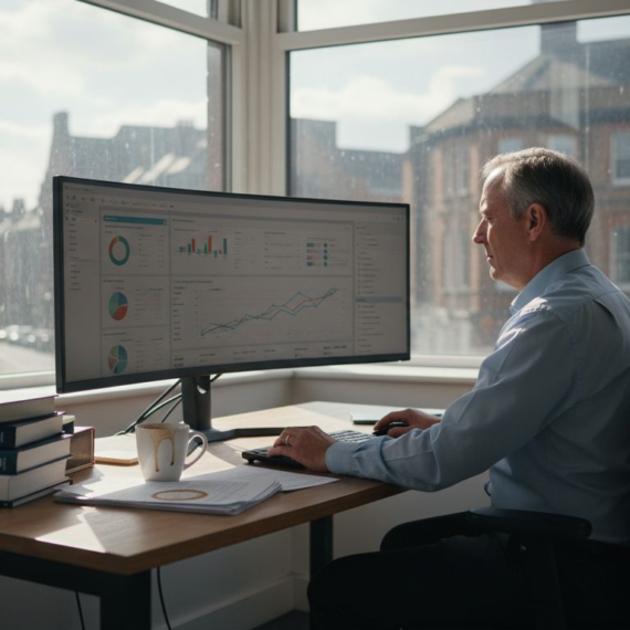 Accountant using software at corner office desk