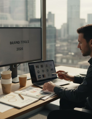 Entrepreneur designing branding tools at desk