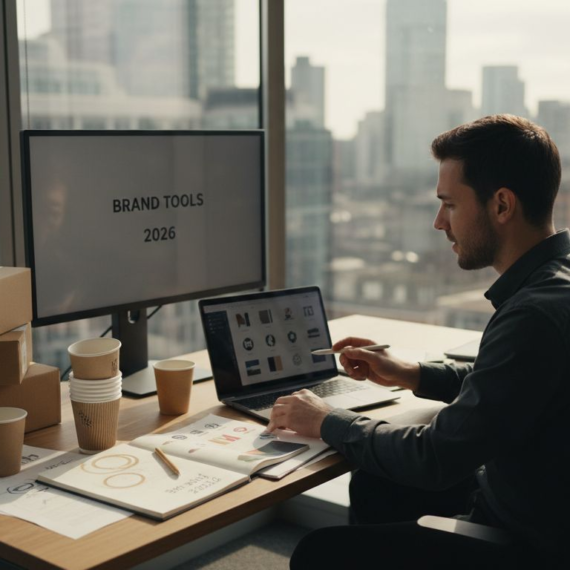Entrepreneur designing branding tools at desk