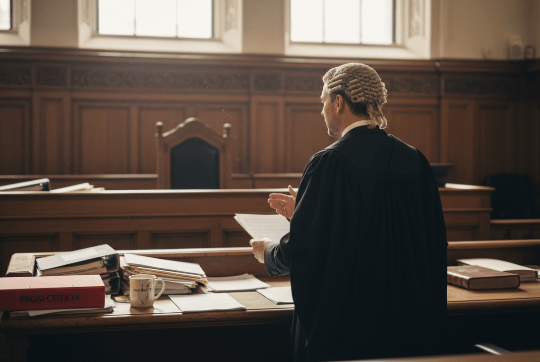 Barrister advocating in UK courtroom