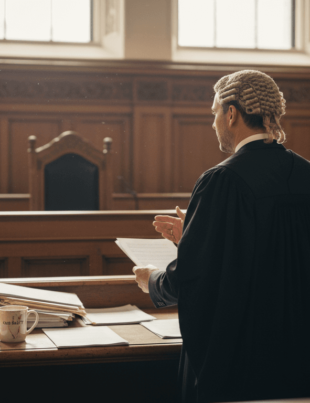 Barrister advocating in UK courtroom