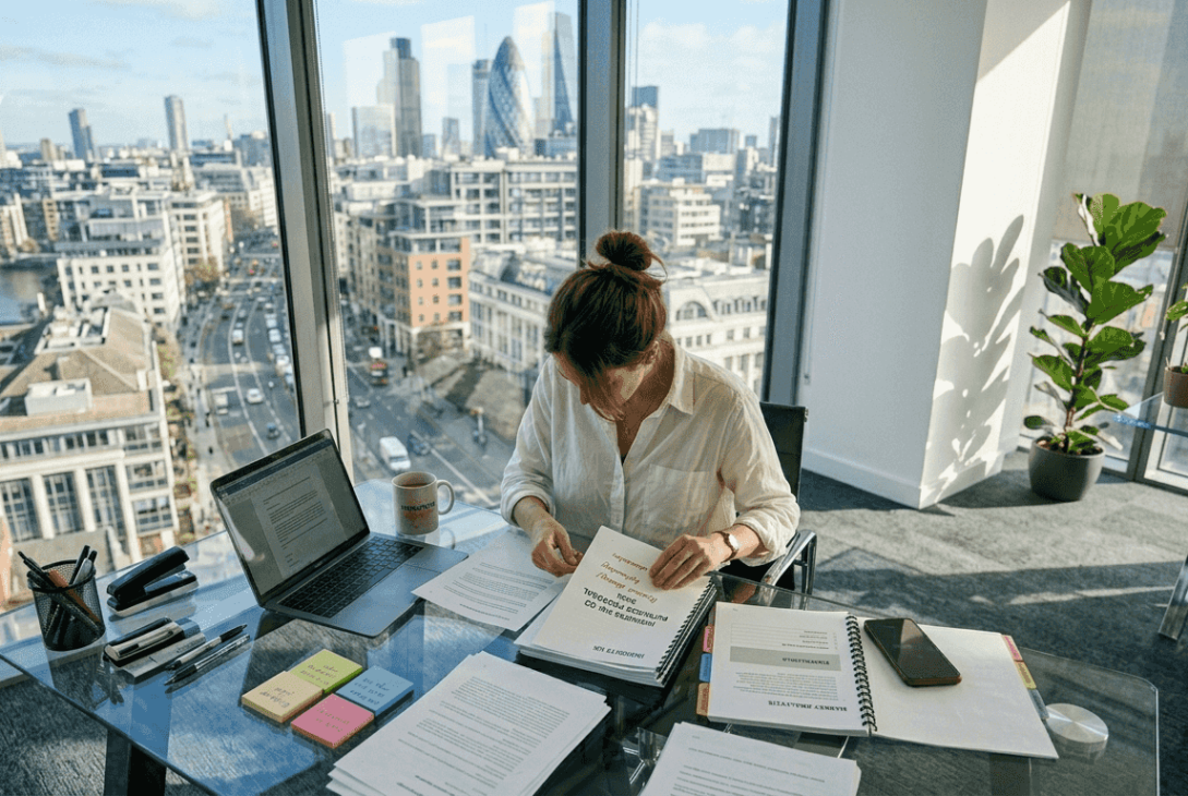 Woman assembling business proposal at corner office desk