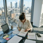 Woman assembling business proposal at corner office desk