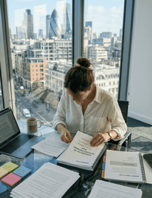 Woman assembling business proposal at corner office desk