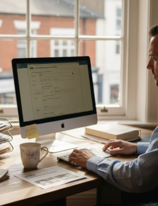 Business owner registering UK trademark at oak desk