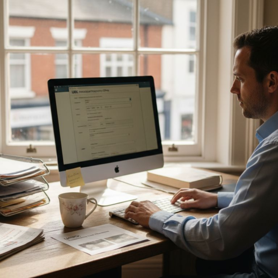 Business owner registering UK trademark at oak desk