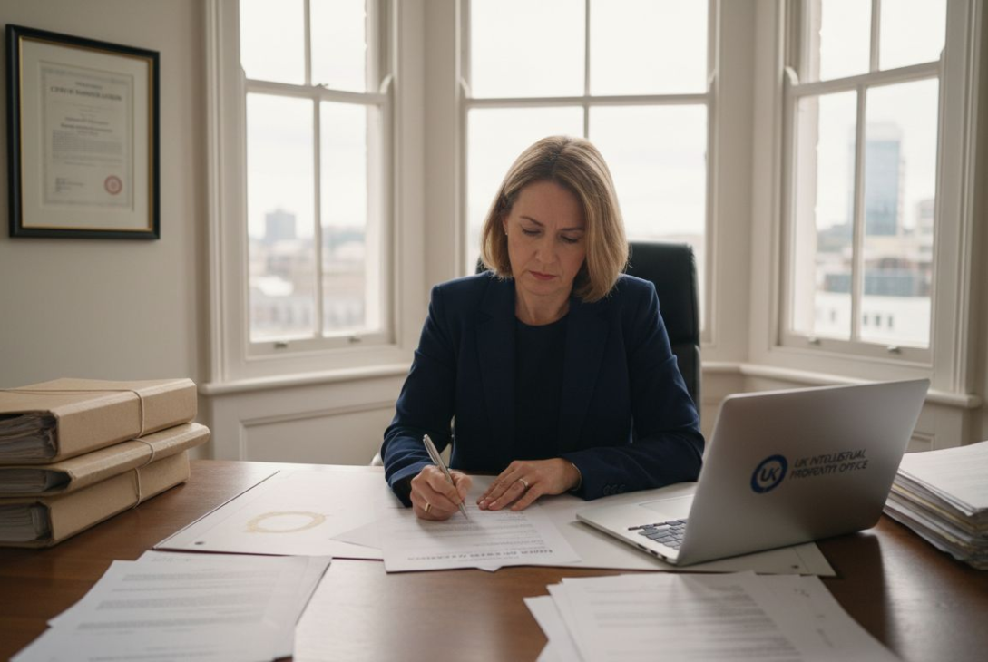 Business owner registering trademark in UK office