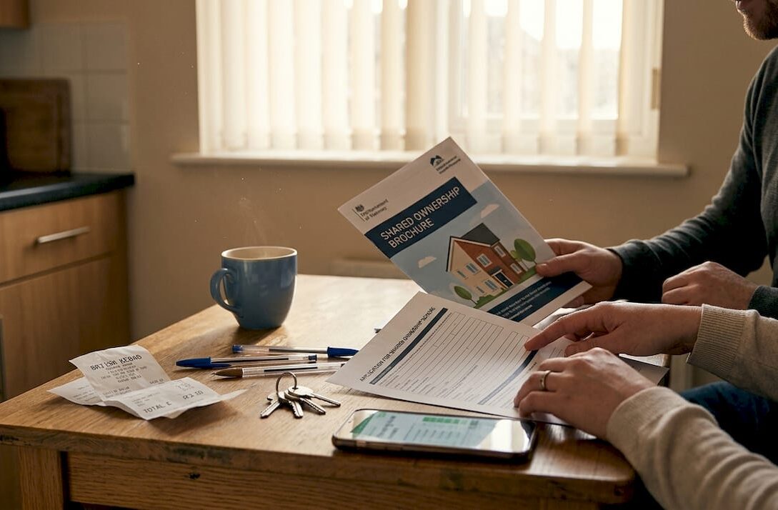 Couple reviews shared ownership documents at home
