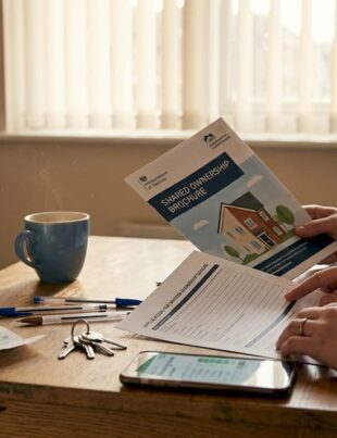 Couple reviews shared ownership documents at home