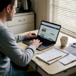 Man reviewing property listings at kitchen table