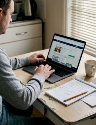 Man reviewing property listings at kitchen table