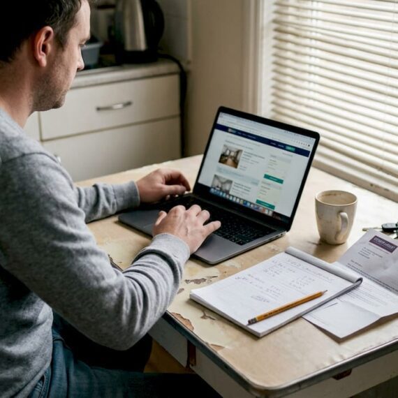 Man reviewing property listings at kitchen table