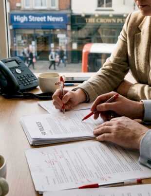 Small business managers reviewing printed workplace policies