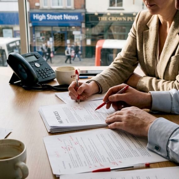 Small business managers reviewing printed workplace policies