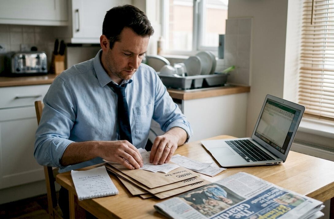 Small business owner sorting HMRC tax letters