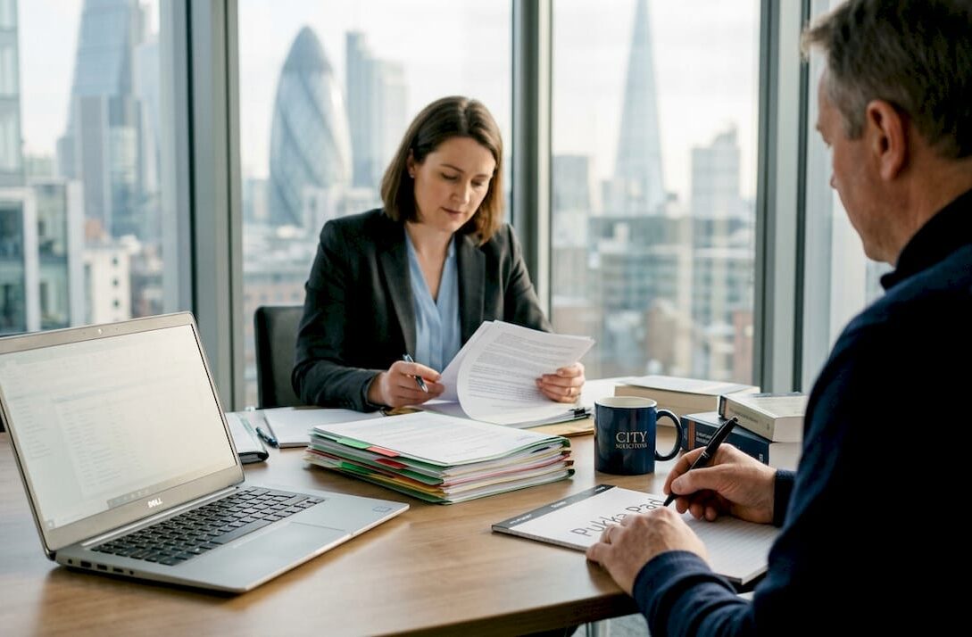 Solicitor meeting with client in office