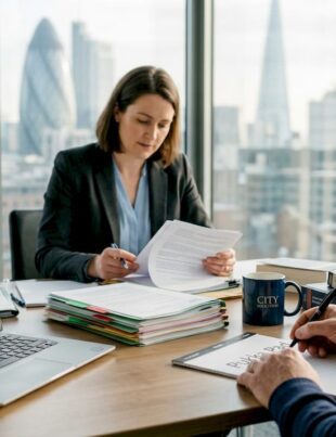 Solicitor meeting with client in office