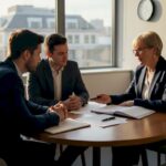 Solicitor meeting clients in corner office