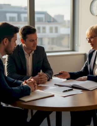 Solicitor meeting clients in corner office