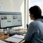 Professional reviewing UK property search tools in office