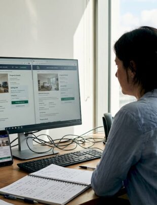 Professional reviewing UK property search tools in office