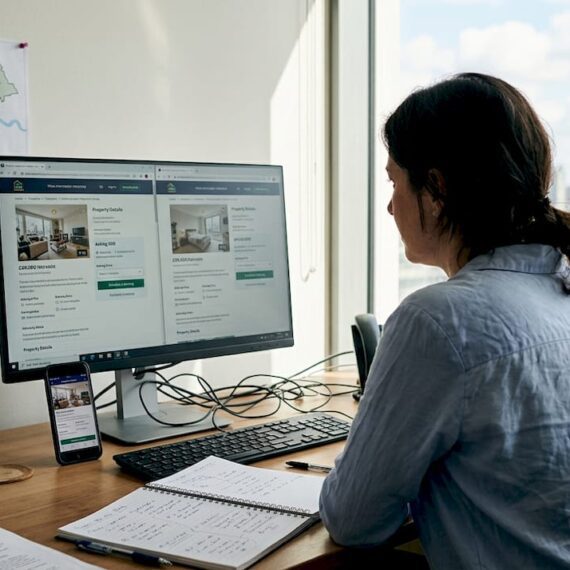 Professional reviewing UK property search tools in office