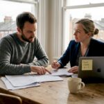 Couple reviewing property papers in London flat
