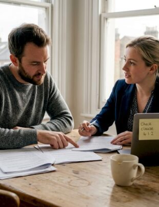 Couple reviewing property papers in London flat