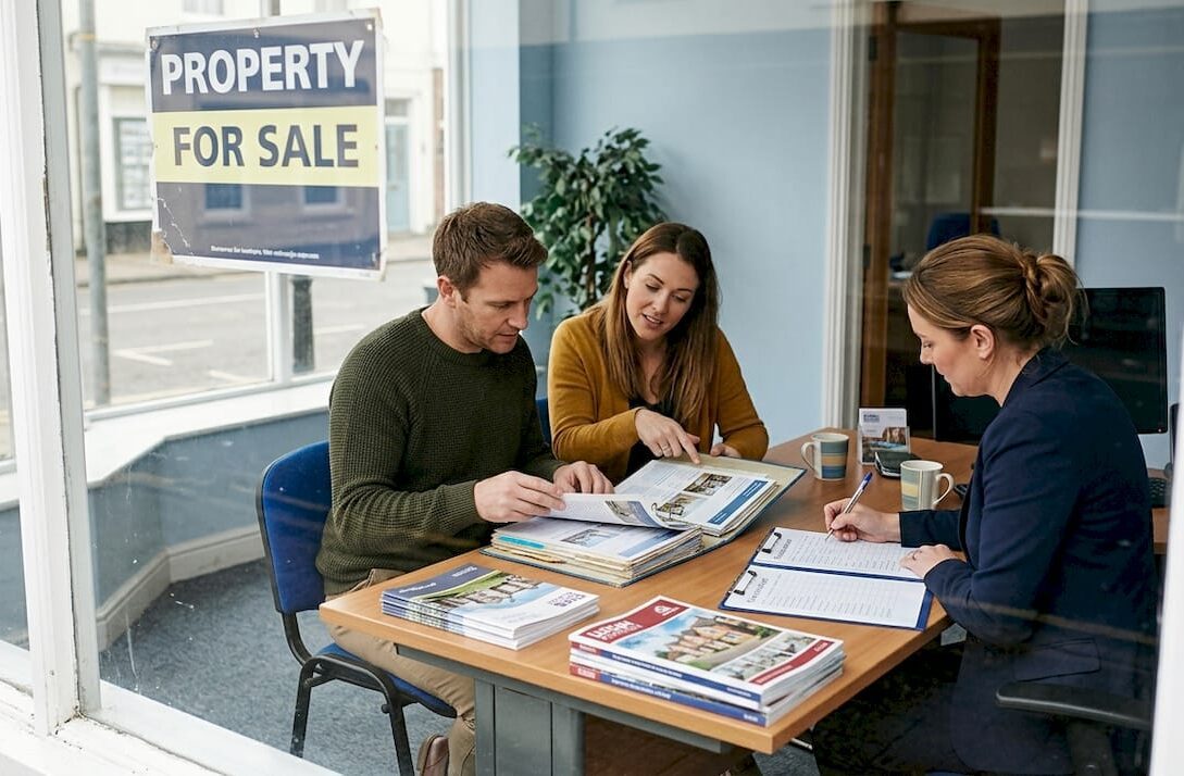 UK couple meeting with estate agent