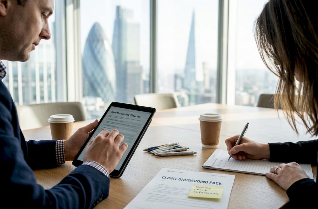 Account manager reviewing onboarding checklist with client