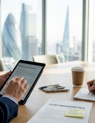 Account manager reviewing onboarding checklist with client