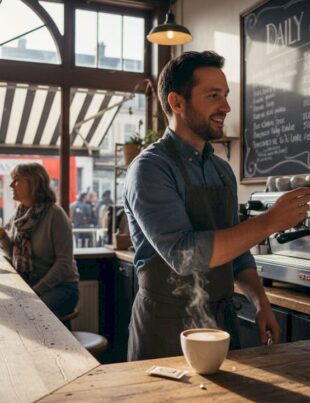 Small café owner updating menu, customers chatting