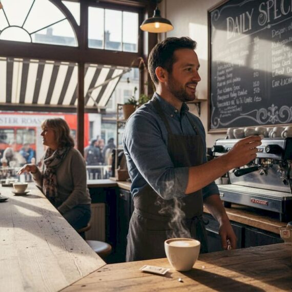 Small café owner updating menu, customers chatting