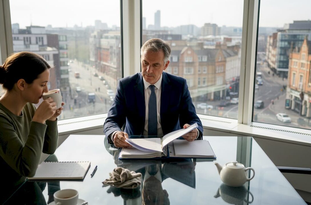 Solicitor and client discuss fees in city office