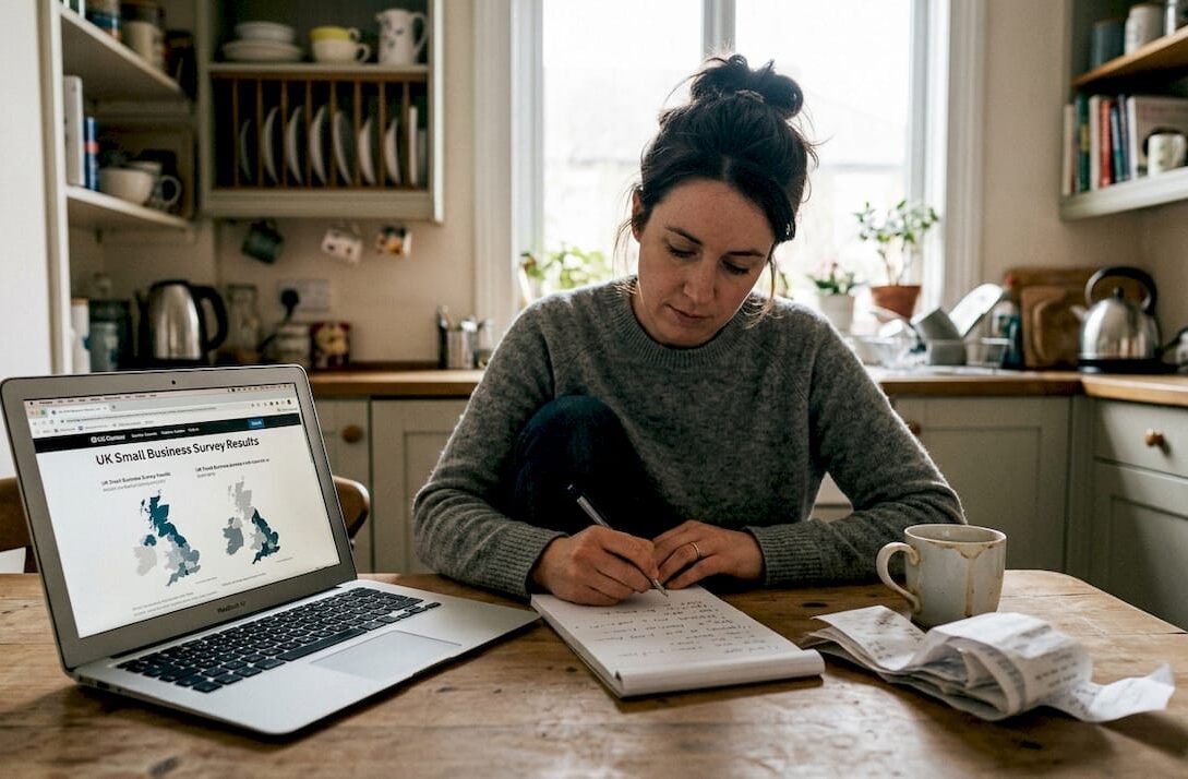 Small business owner reviewing research at kitchen table