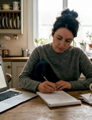 Small business owner reviewing research at kitchen table