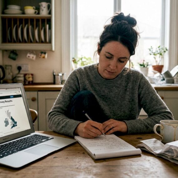 Small business owner reviewing research at kitchen table