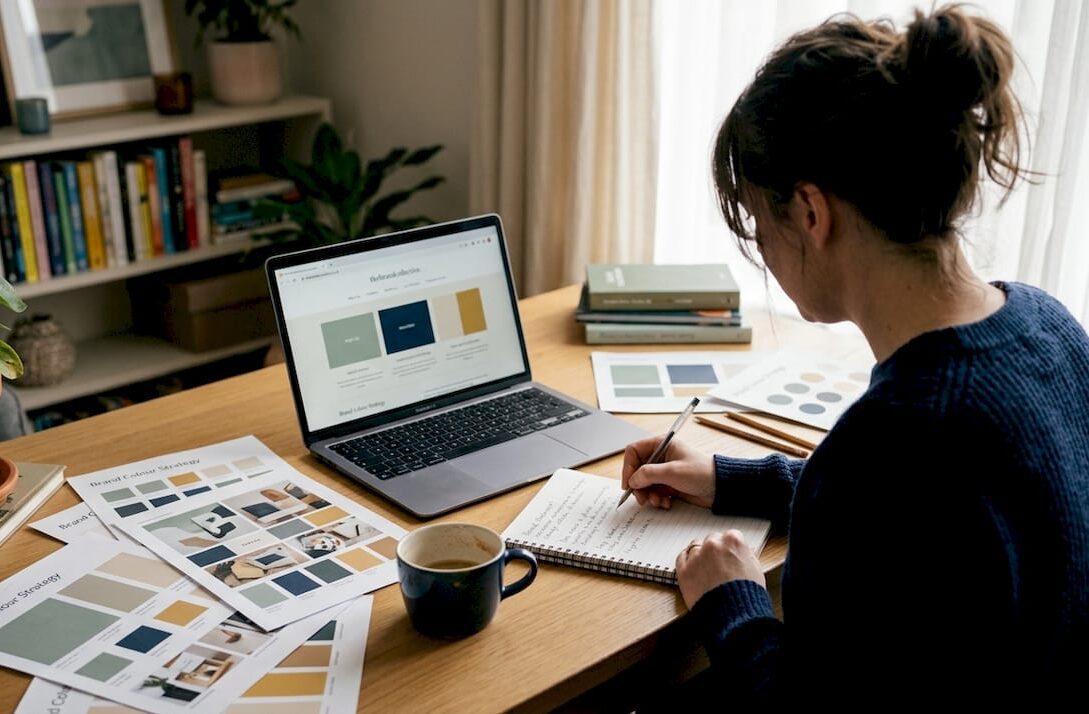 Founder writing branding statement at desk
