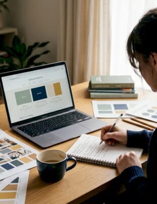 Founder writing branding statement at desk