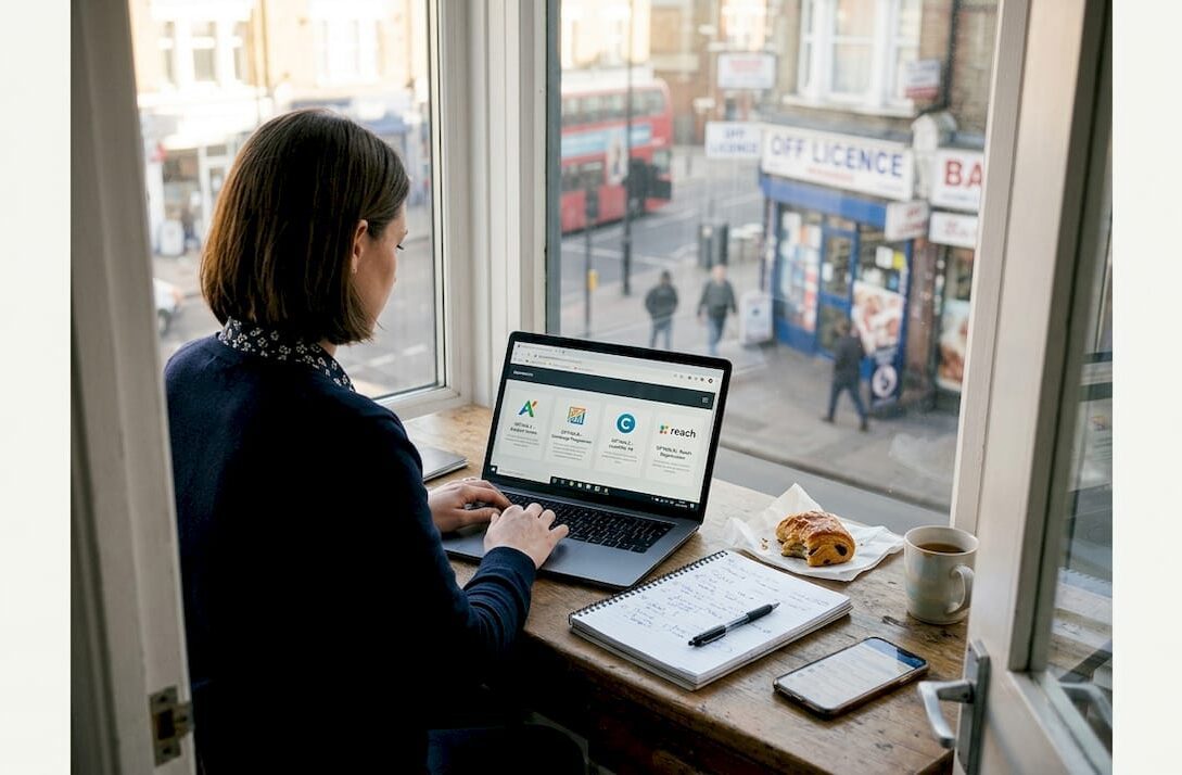 Small business owner reviewing marketing automation tools