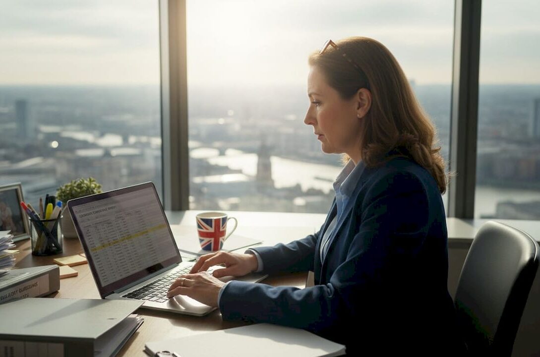 UK businesswoman reviewing due diligence documents