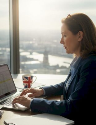 UK businesswoman reviewing due diligence documents