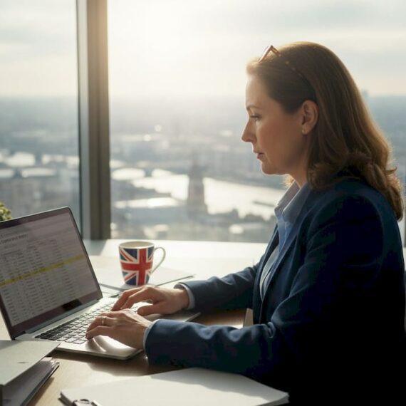 UK businesswoman reviewing due diligence documents