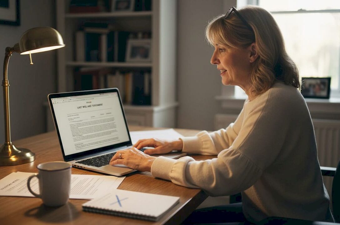 Woman writing will at home office desk