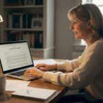 Woman writing will at home office desk