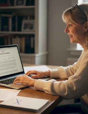 Woman writing will at home office desk