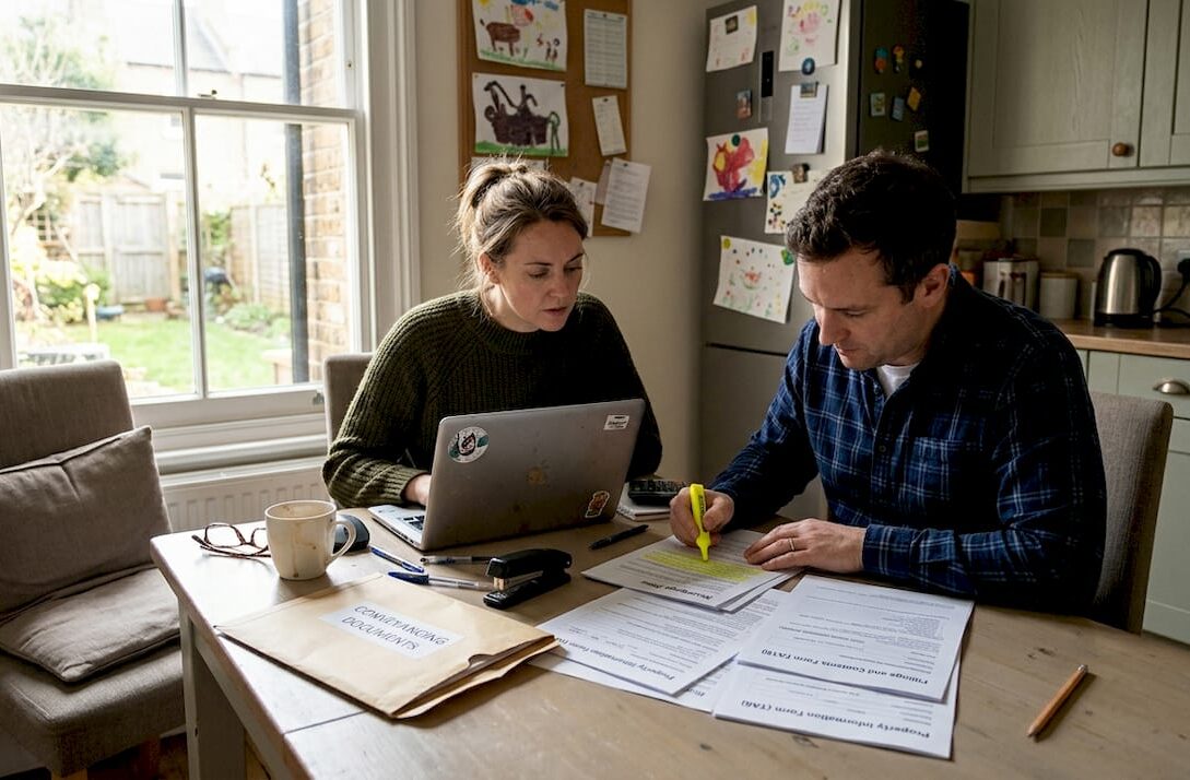 Couple reviewing property paperwork at kitchen table