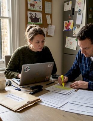 Couple reviewing property paperwork at kitchen table