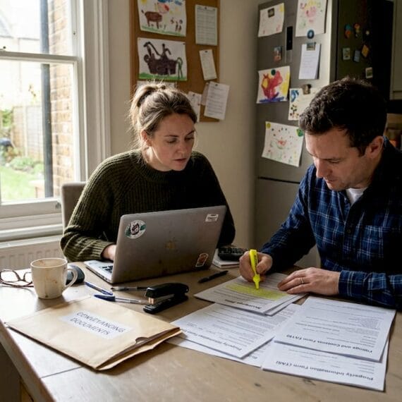 Couple reviewing property paperwork at kitchen table