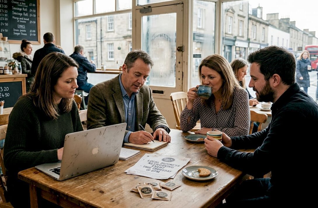 Small business owners networking in UK café